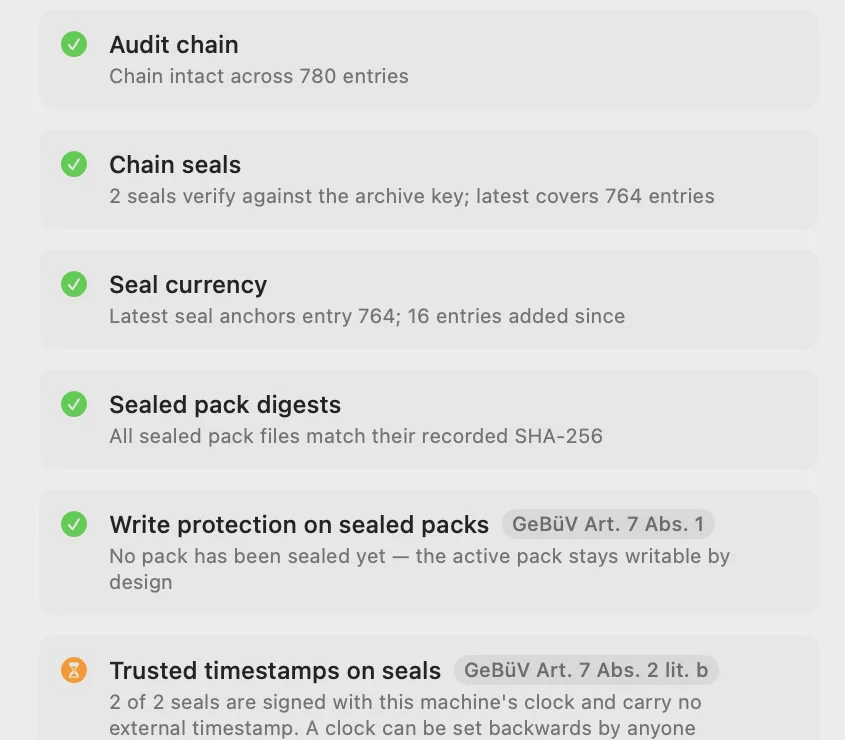 The check list in MailVault, with passed checks and one outstanding requirement about trusted timestamps.