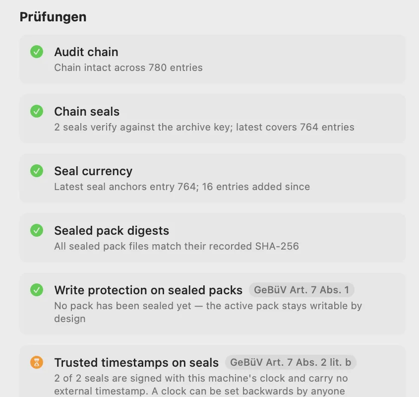 Prüfungsübersicht in MailVault mit erfüllten Prüfungen und einer offenen Anforderung zu vertrauenswürdigen Zeitstempeln.