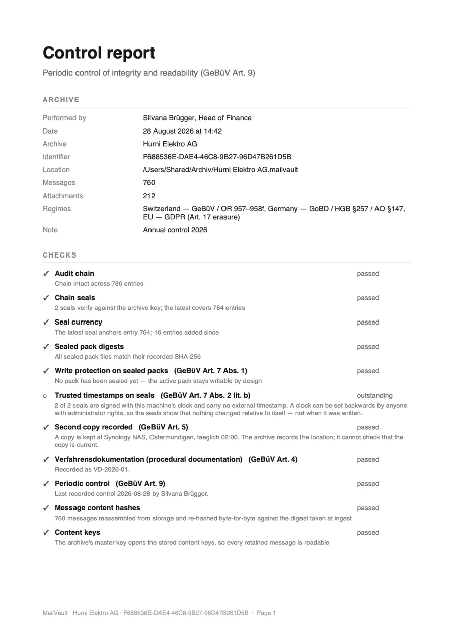 Page one of a control report: the archive's details, the checks with the provision each refers to, and an outstanding requirement.