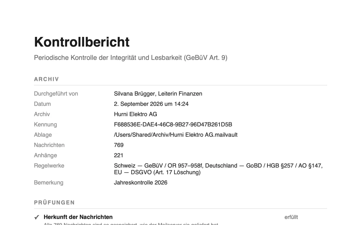 Kontrollbericht zur Unterschrift. Datiert, namentlich gezeichnet, mit Verweis auf die GeBüV. Der Hash des PDF geht in die Protokollkette.