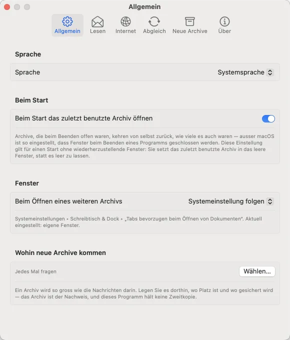 Einstellungen: Allgemein. Sprache, was beim Start geöffnet wird und wohin neue Archive kommen.