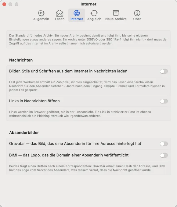 Einstellungen: Internet. Alles aus, und neben jedem Schalter steht, wem das Einschalten was verrät.