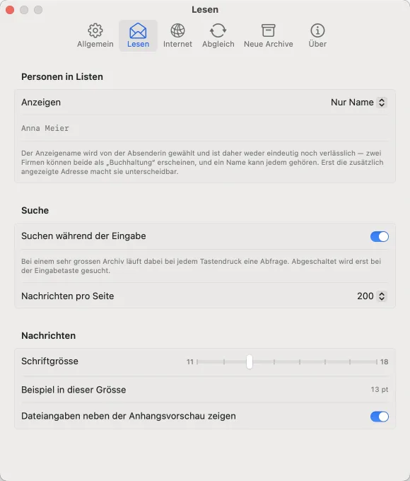 Einstellungen: Lesen. Ob neben dem Namen auch die Adresse steht, Suche während der Eingabe, Schriftgrösse.