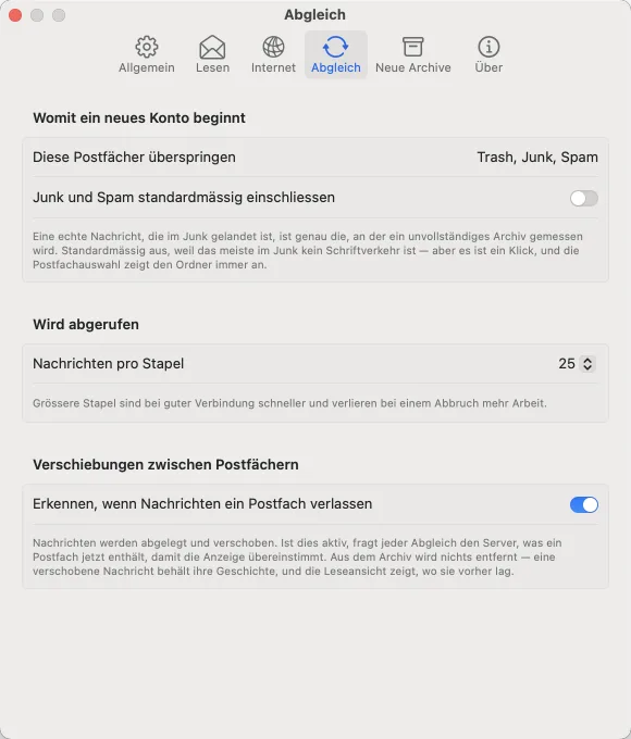 Einstellungen: Abgleich. Welche Postfächer ein neues Konto überspringt und wie gross die Stapel sind.