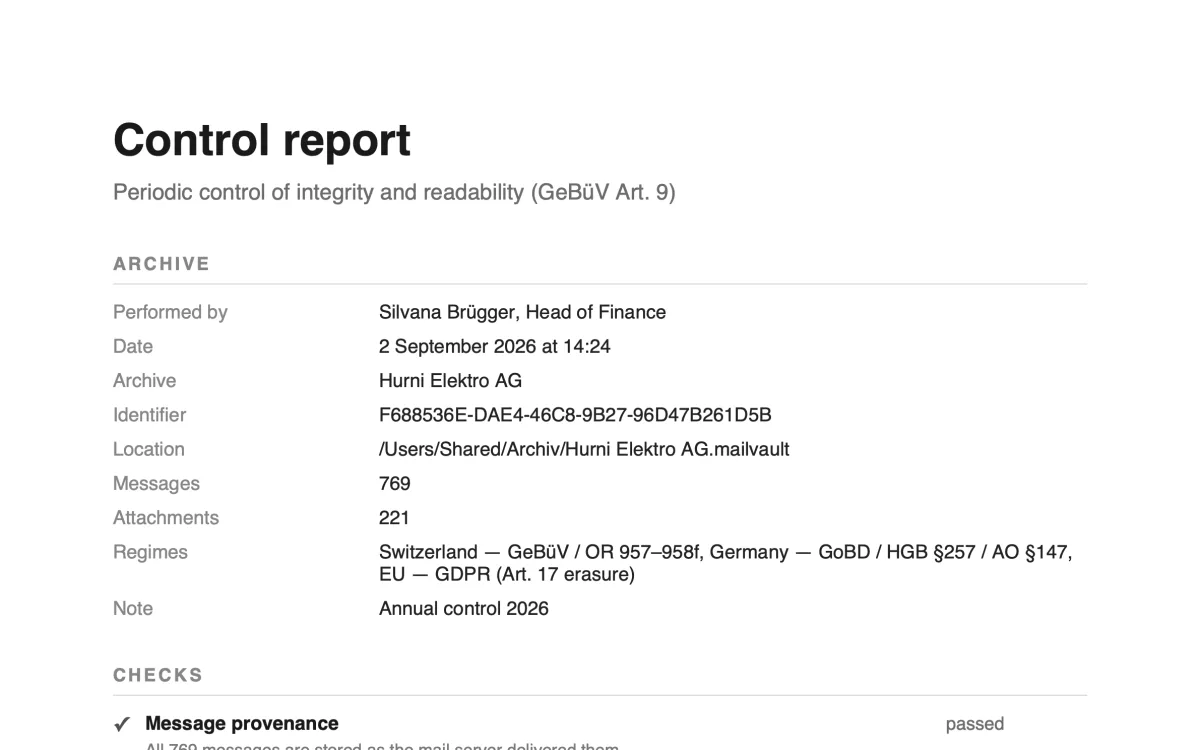 A control report to sign. Dated, attributed, citing the GeBüV. The PDF's own digest goes into the audit chain.