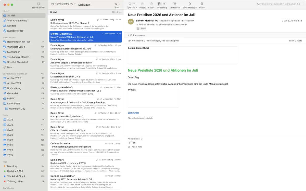 Remote content stays unloaded. What is missing is named above the message: two remote images and a tracking pixel. None of it is fetched, so the sender never learns that it was read.