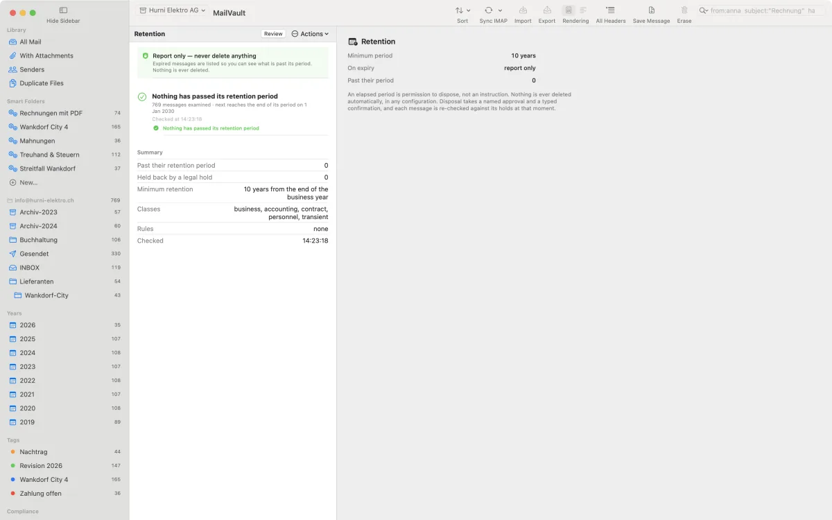 Retention without automation. Periods are calculated and reported. Nothing is deleted on its own, in any configuration.