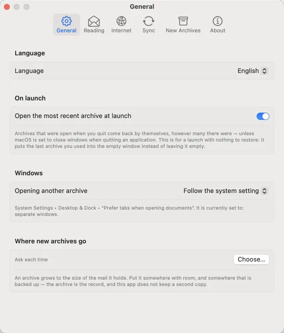 Settings: General. Language, what opens at launch, and where new archives are put.