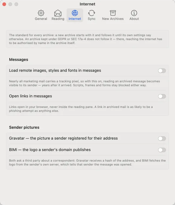 Settings: Internet. Everything off, and beside each switch what turning it on would reveal.