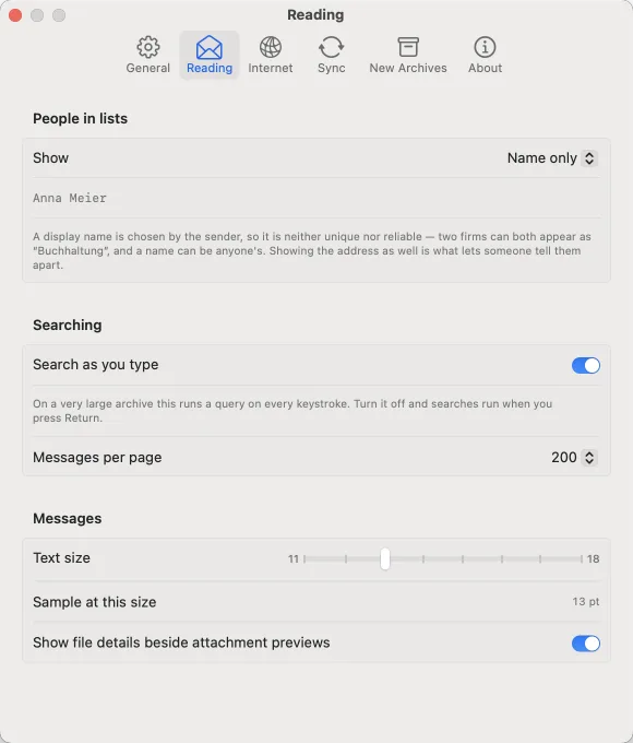 Settings: Reading. Whether the address shows next to the name, search as you type, type size.
