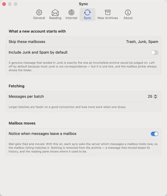 Settings: Sync. Which mailboxes a new account skips, and how large the batches are.